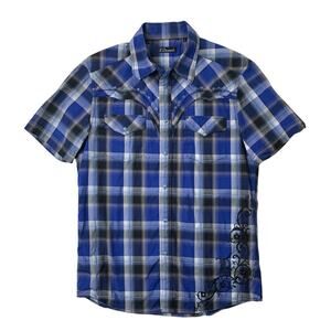 7 Diamonds Shirt Men L Large Blue Pearl Snap Buttons Plaid Western Short Sleeve